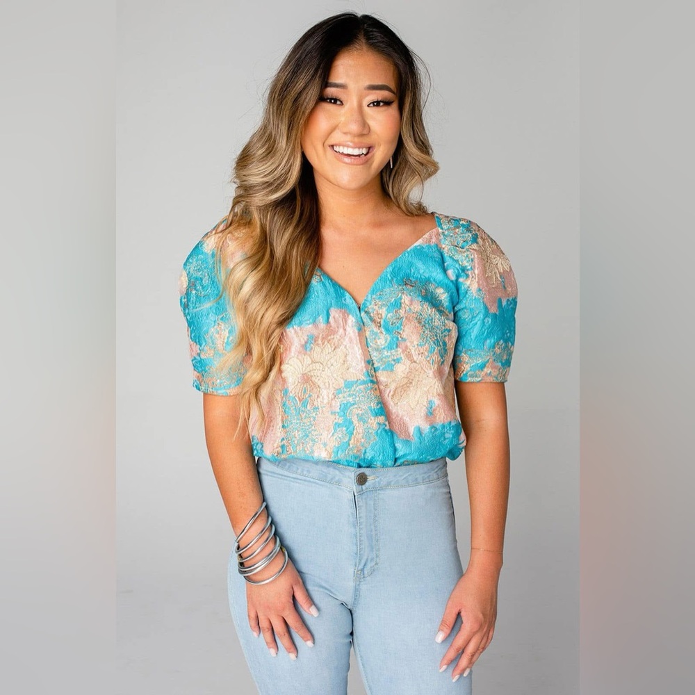 Buddy Love Teal and Peach Puff Sleeve Blouse